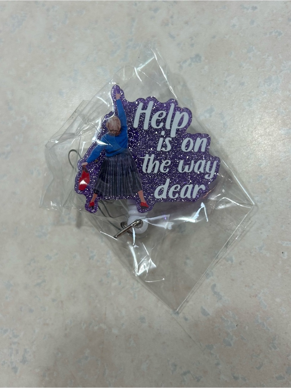 Purple Glitter 'Help Is On The Way Dear' Decorative Badge Reel